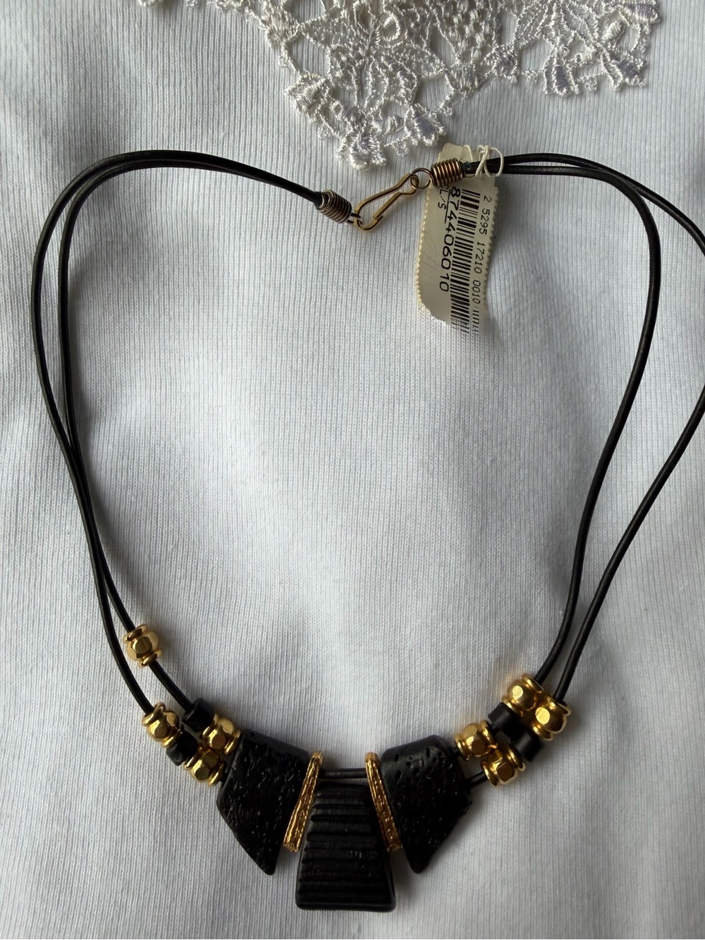 Vintage Bohemian Black Cord Necklace w/ Trapezoid Pendant Gold Beads